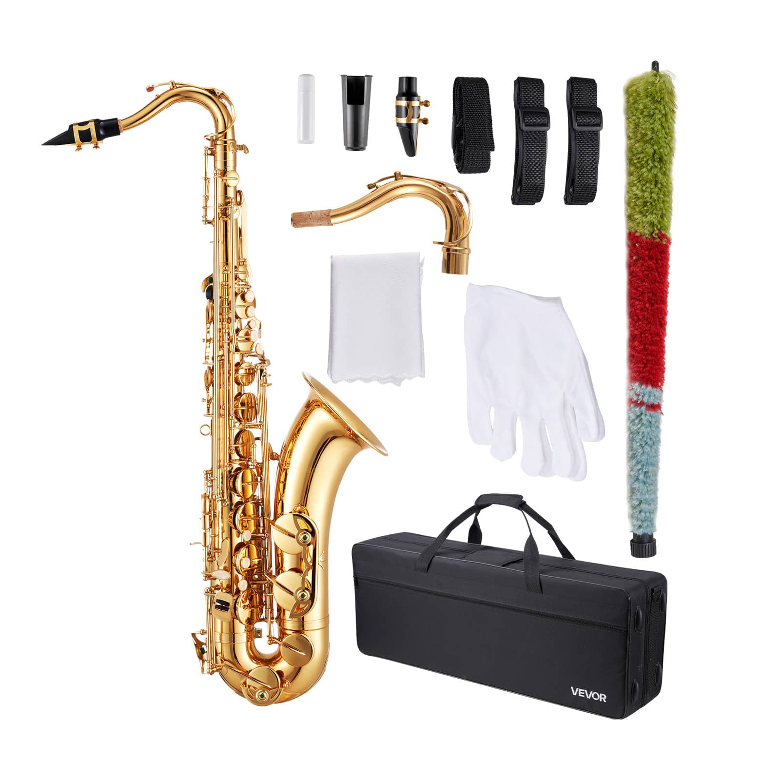 Front. VEVOR - Tenor Saxophone, B Flat, Professional Brass Saxophone Beginner Kit with Carrying Case, Mouthpiece, Straps - Gold.