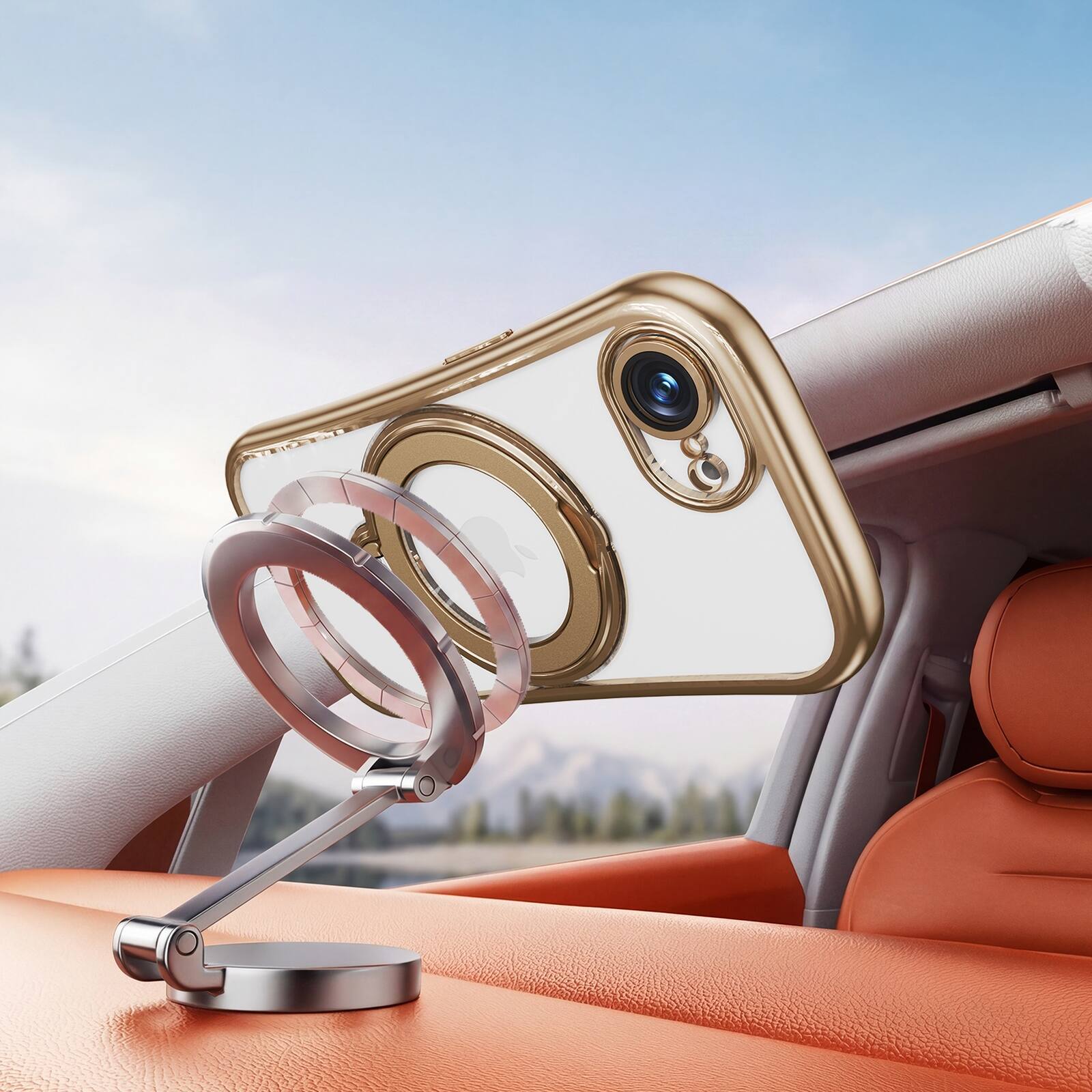 Back. UUCOVER - Magnetic Clear Case for iPhone 17e/iPhone 16e Shockproof TPU Ring Stand Camera Lens Protector Cover with Shoulder Strap - Gold.