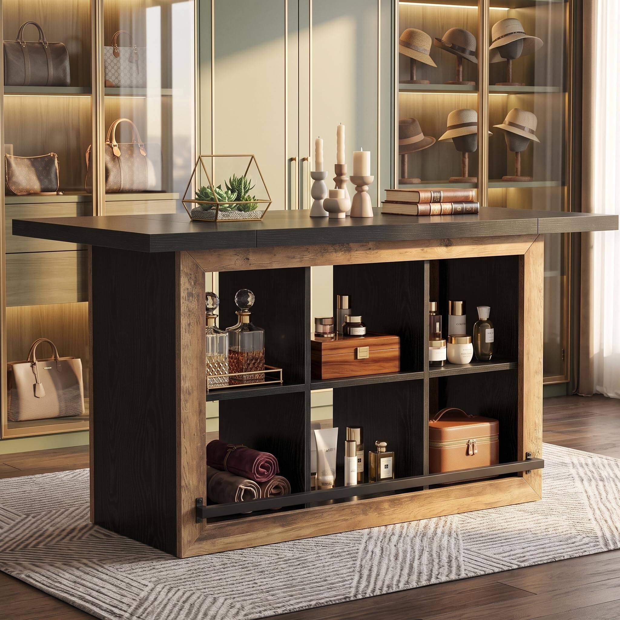 Back. Tribesigns - 6-Compartment Wooden Walk-in Closet Island, Black & Brown - Black&brown.