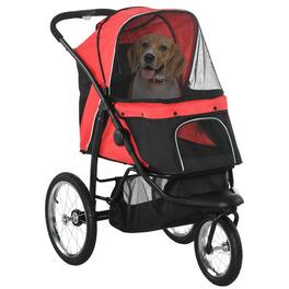 Pawhut - 3 Wheels Pet Stroller, Foldable Jogger, Adjustable Canopy, Safety Tether, Cushion, Basket