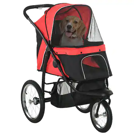 Front. Pawhut - 3 Wheels Pet Stroller, Foldable Jogger, Adjustable Canopy, Safety Tether, Cushion, Basket.