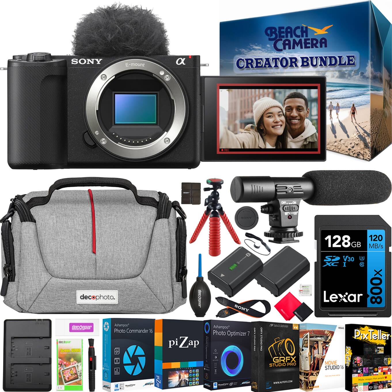 SONY E-mount BEACH CAMERA CREATOR BUNDLE

- decophoto Anhampoo
- decophoto Photo Commander 16
- decophoto pi Zap
- SONY Ashampoo Photo Optimizer 7
- 128 GB 120 MB/s V30 U1 Lexar 800x
- PixTeller MOVIE STUDIO 16
- PixTeller
