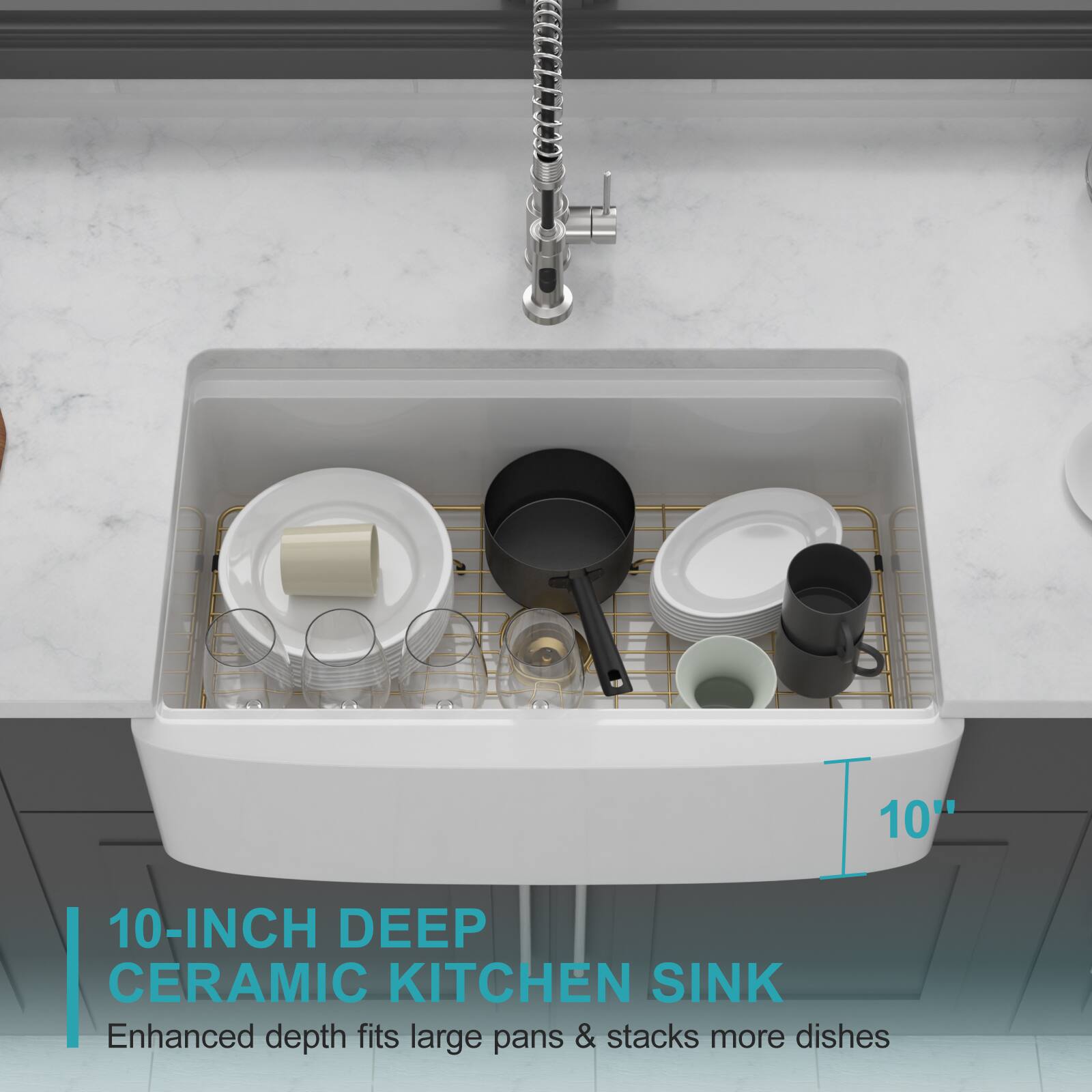 10-INCH DEEP CERAMIC KITCHEN SINK  
Enhanced depth fits large pans & stacks more dishes