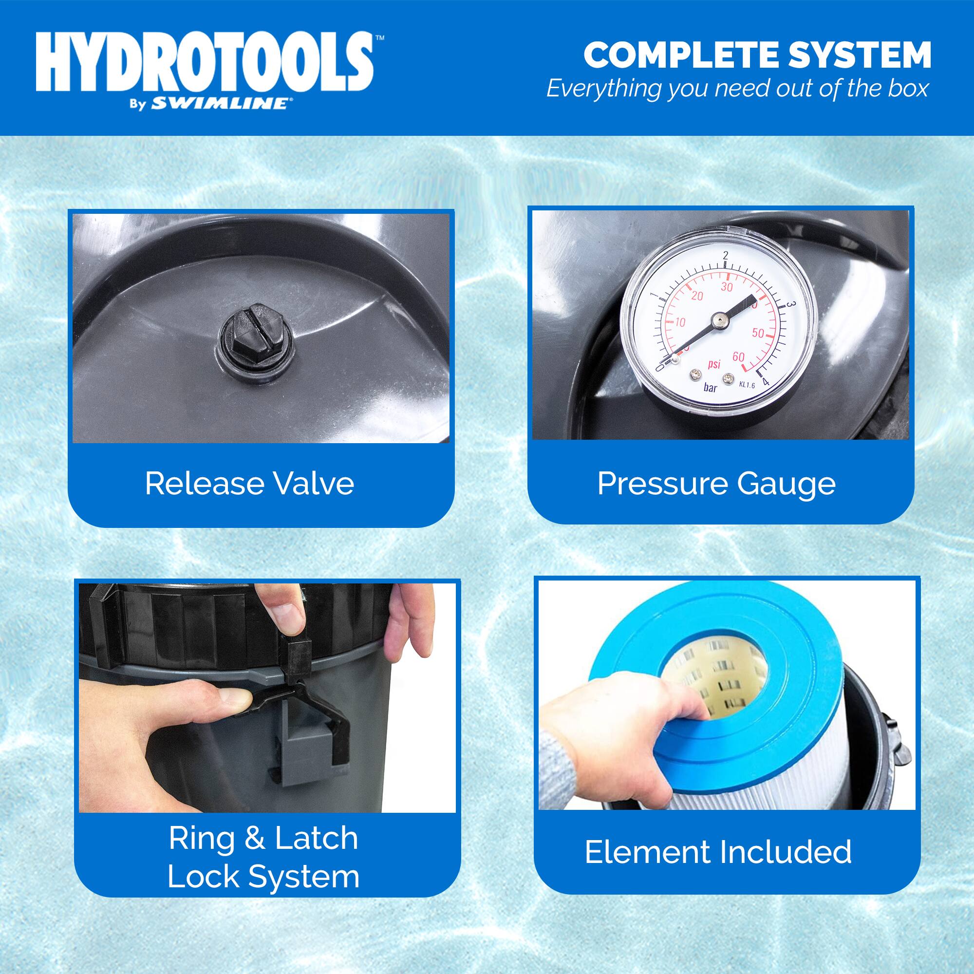 HYDROTOOLS By SWIMLINE

COMPLETE SYSTEM
Everything you need out of the box

- Release Valve
- Pressure Gauge
- Ring & Latch Lock System
- Element Included