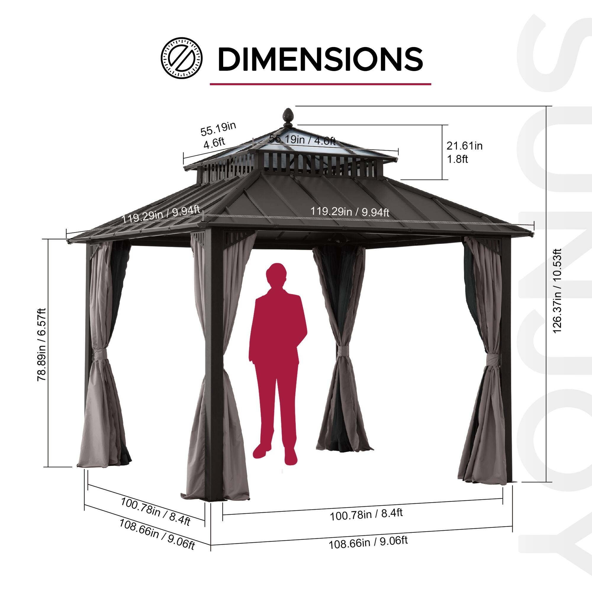6.57ft / 78.89in  
DIMENSIONS  
55.19in  
55.50  
19in / 4.0ft  
4.6ft  
21.61in  
1.8ft  
119.29in / 9.94ft  
119.29in / 9.94ft  
10.53ft / 108.66in  
100.78in  
100.78in  
9.06ft  
8.4ft  
108.66in  
100.78in  
9.06ft  
8.4ft  
SUNGY  
126.37in