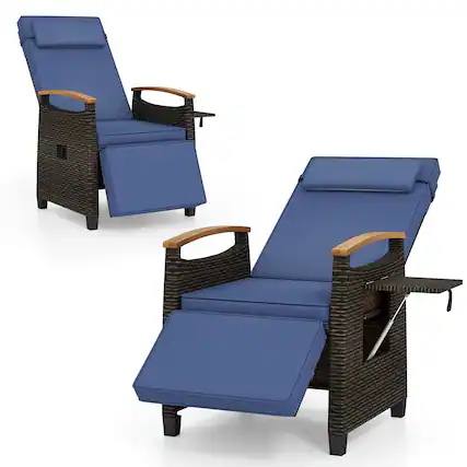 Front. Gymax - Gymax 2PCS Patio Rattan Lounge Chair PE Wicker Recliner Chair w/ Adjustable Backrest & Footrest Navy - Mix Brown, Navy.