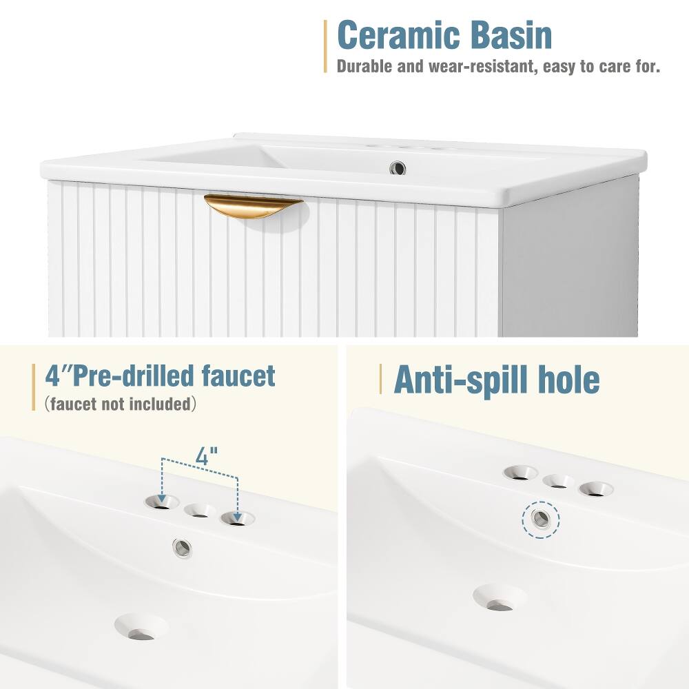 Ceramic Basin  
Durable and wear-resistant, easy to care for.  

4" Pre-drilled faucet (faucet not included)  

Anti-spill hole