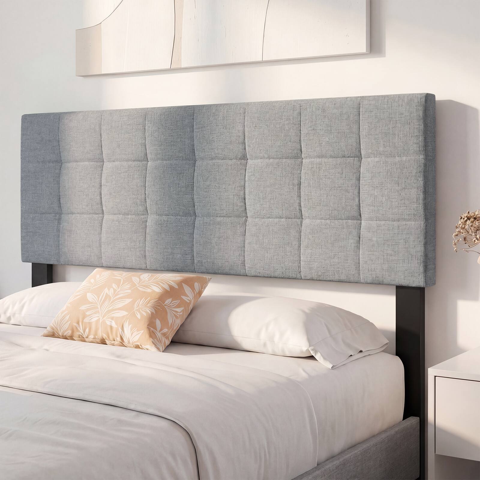 Alt View 3. Gymax - Gymax Upholstered Headboard Queen/Full Size Quilted Grid Linen Fabric Bed Frame Gray - Gray.