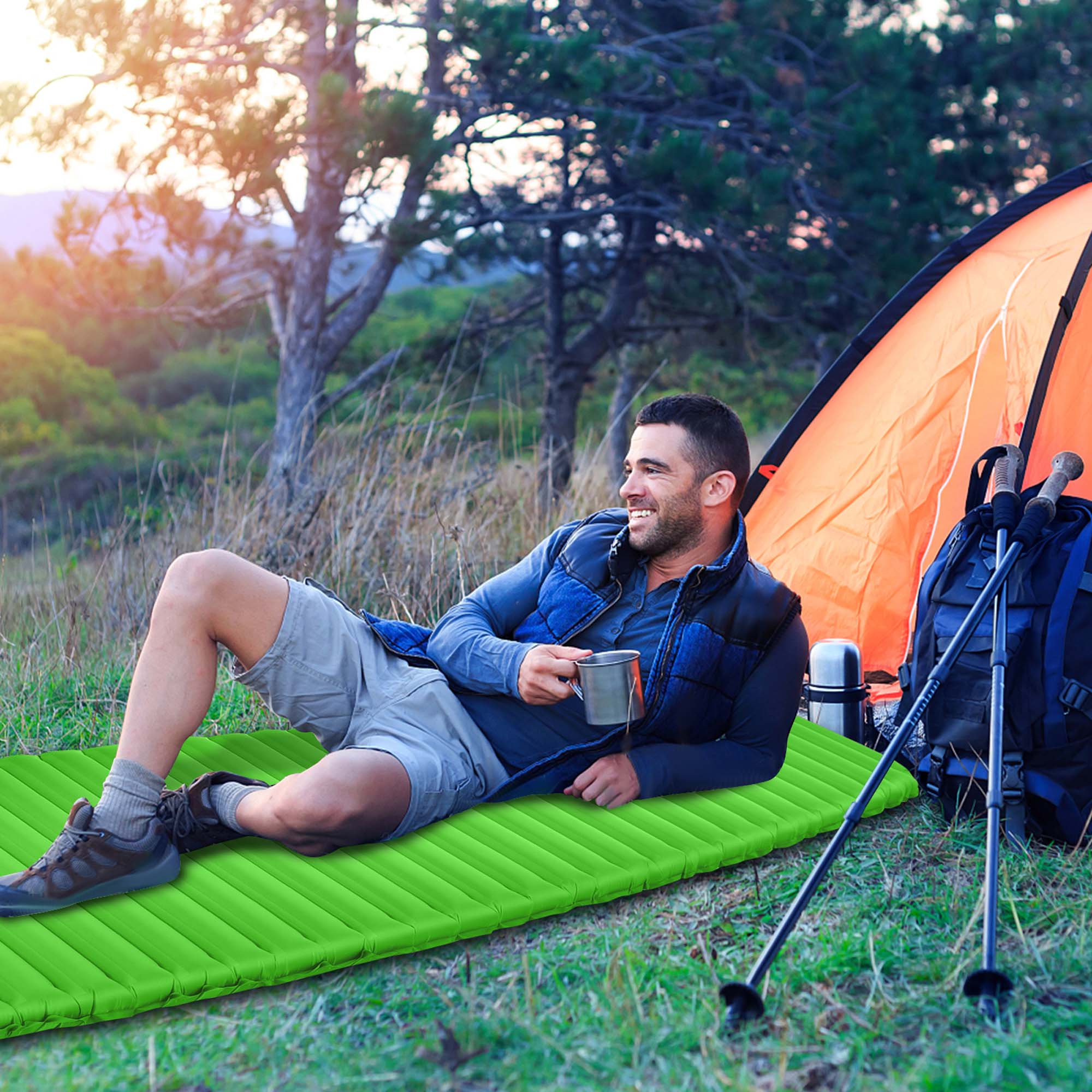 Alt View 3. Costway - Costway 3 Inch Inflatable Camping Sleeping Pad Waterproof & Comfortable Sleeping Mat - Green.