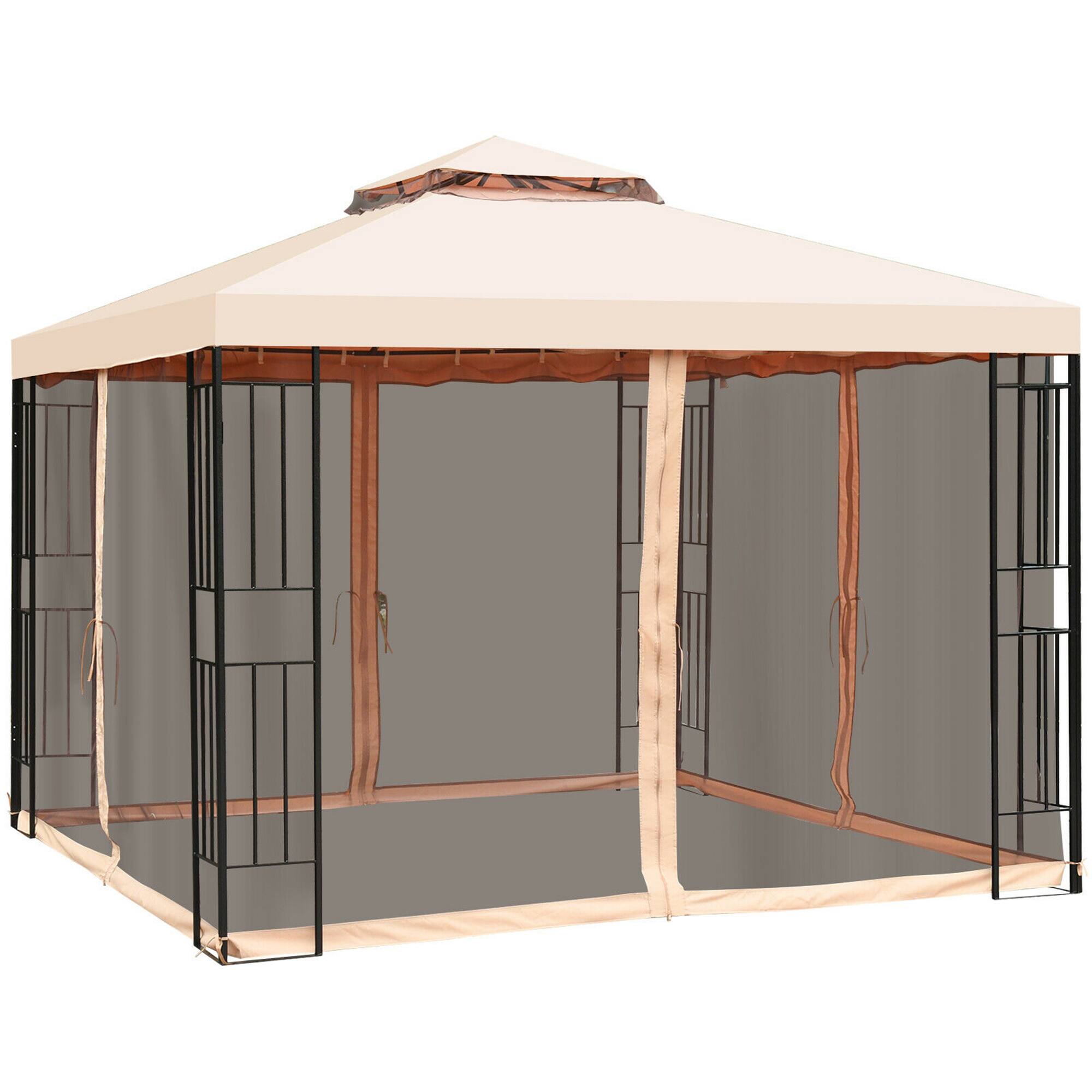 Alt View 5. Gymax - Gymax 10x10ft Metal Gazebo W/ Mosquito Netting Canopy Gazebo 2 Tier Vented Gazebo Top - Light brown.