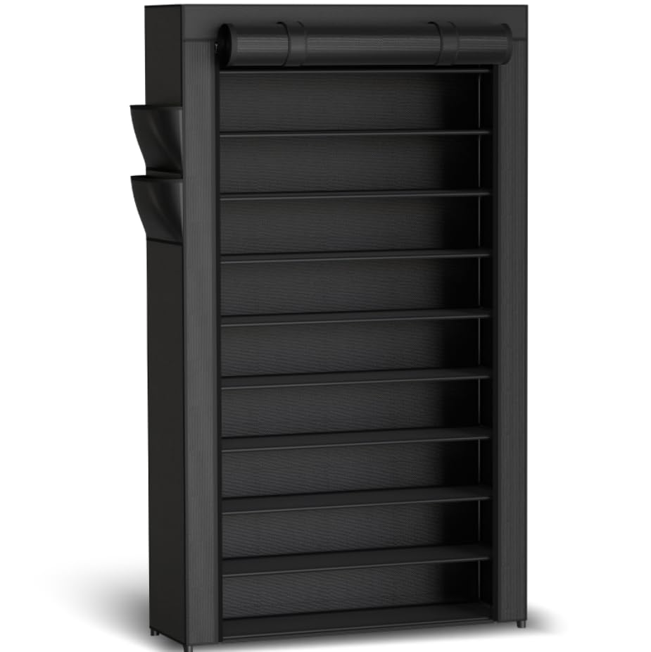 Angle. Refined Abode Design - Shoe Rack Organizer Rack Space Space Small Home Household Essential Item Solution Design - Black 33.6" x 12.4" x 69.3".