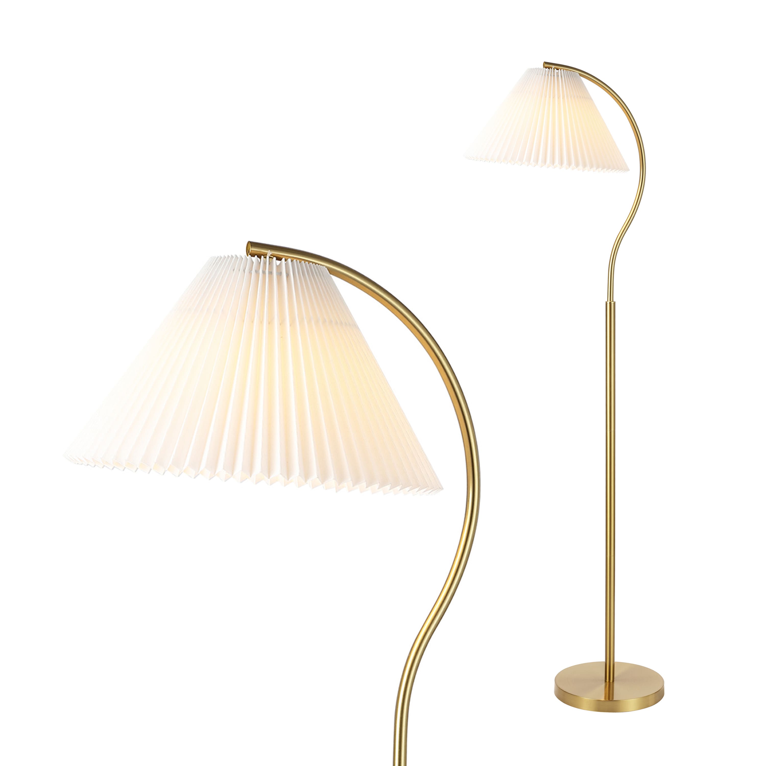 Jonathan Y - Devon 60.5" Modern Glam Metal Arc LED Floor Lamp with Pleated Shade, /White - Brass Gold