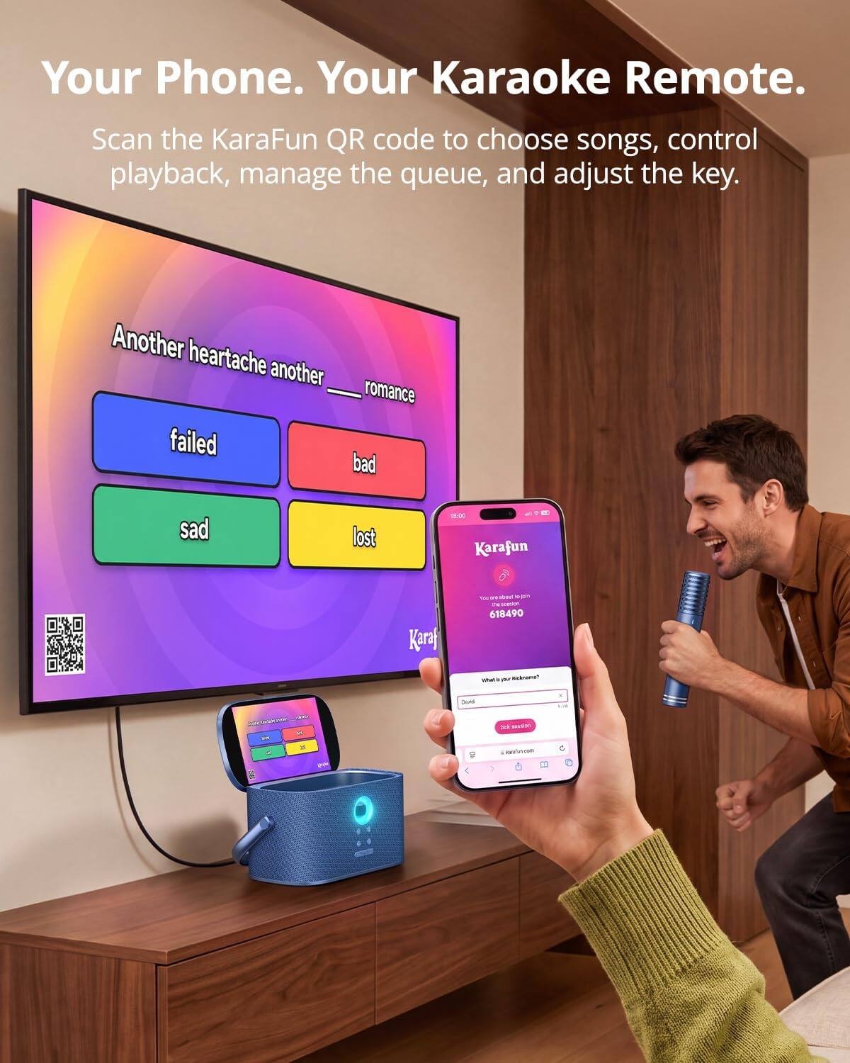 Your Phone. Your Karaoke Remote.  
Scan the KaraFun QR code to choose songs, control playback, manage the queue, and adjust the key.  

Another heartache another romance  
failed bad  
sad lost  

18:00 Karafun  
Karaf  
You are invited to join the session 618490  
What is your Nickname?  
David  
Start session  

Karafun.com