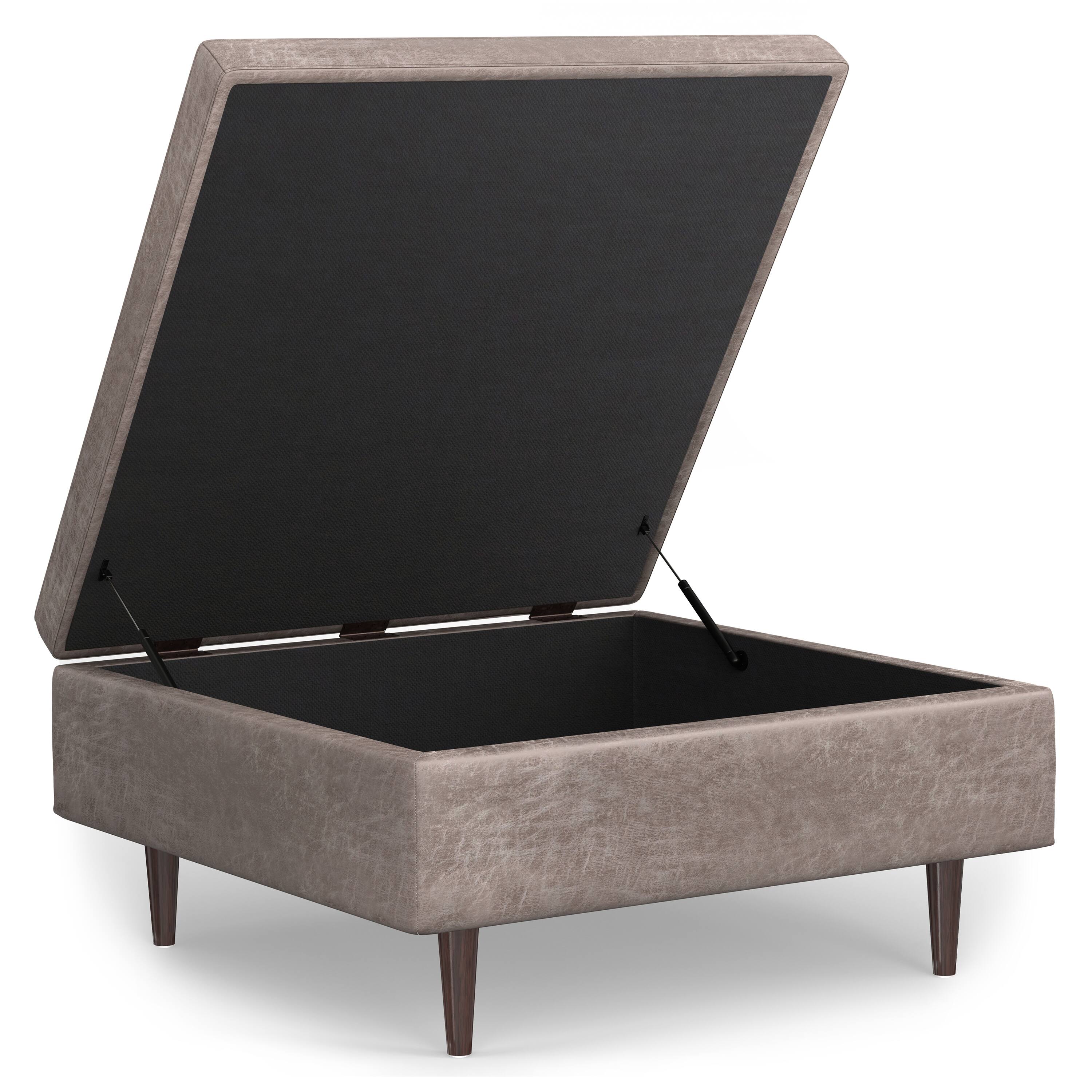 Back. Simpli Home - Shay 38 inch Wide Mid Century Modern Large Storage Ottoman in Distressed Grey Taupe Vegan Faux Leather, Assembled - Distressed Grey Taupe.