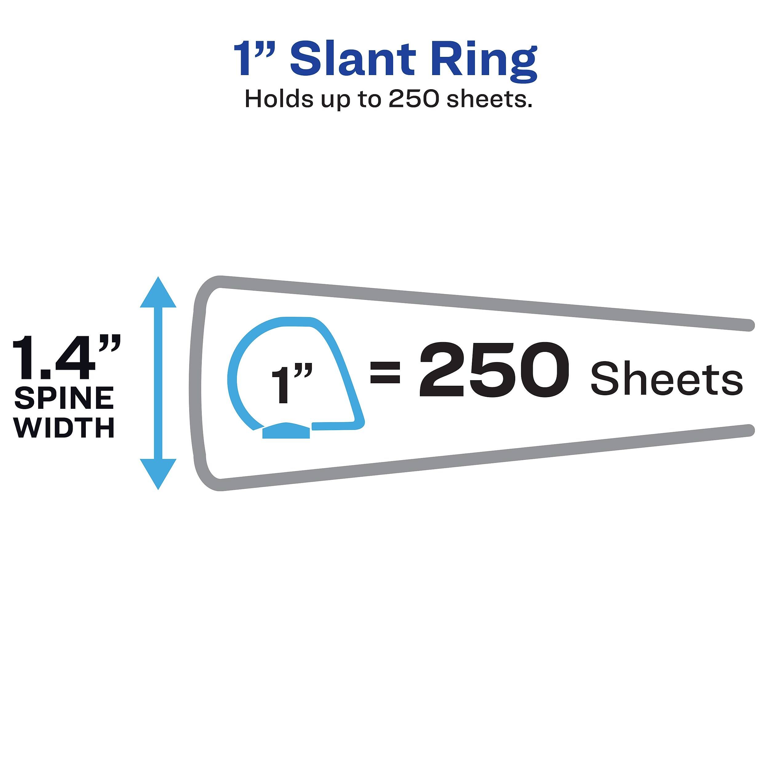 1" Slant Ring Holds up to 250 sheets.  
1.4" SPINE WIDTH  
1" = 250 Sheets