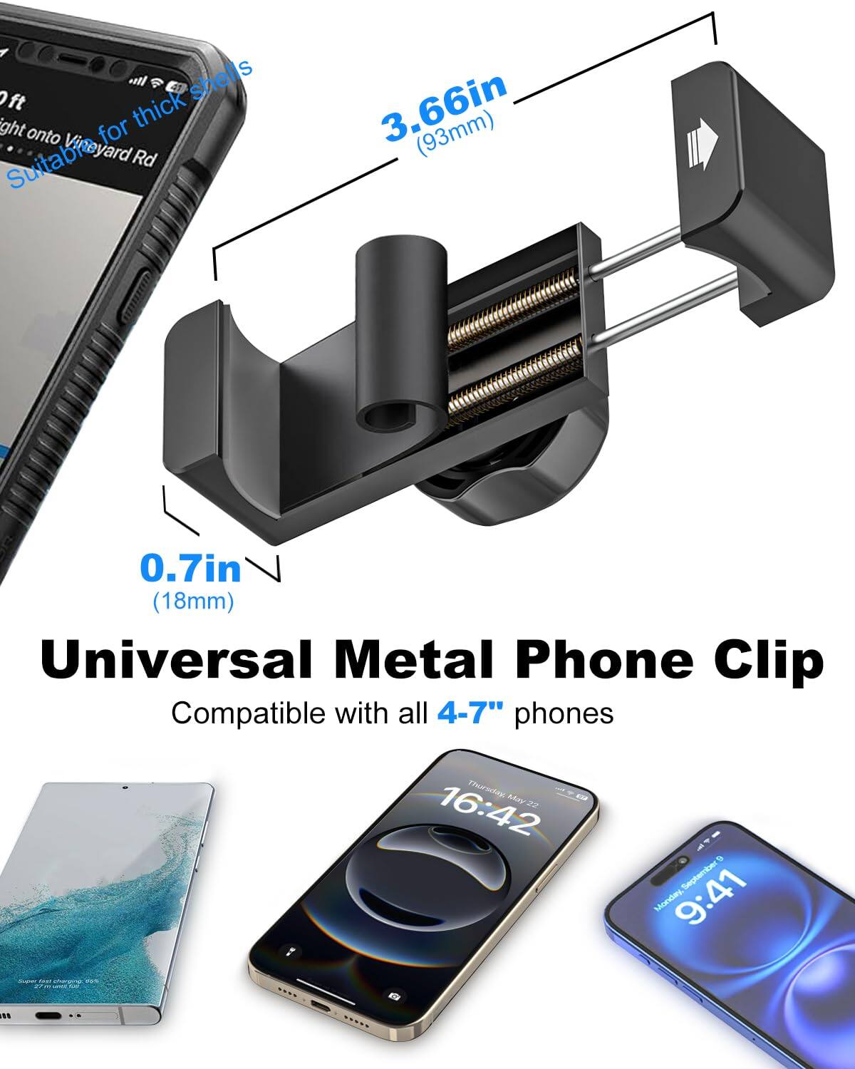 - Fits all shells
- 3.66in (93mm) 0.7in (18mm) Universal Metal Phone Clip
- Compatible with all 4-7" phones
- Thursday, May 22 16:42
- Monday, September 9:41