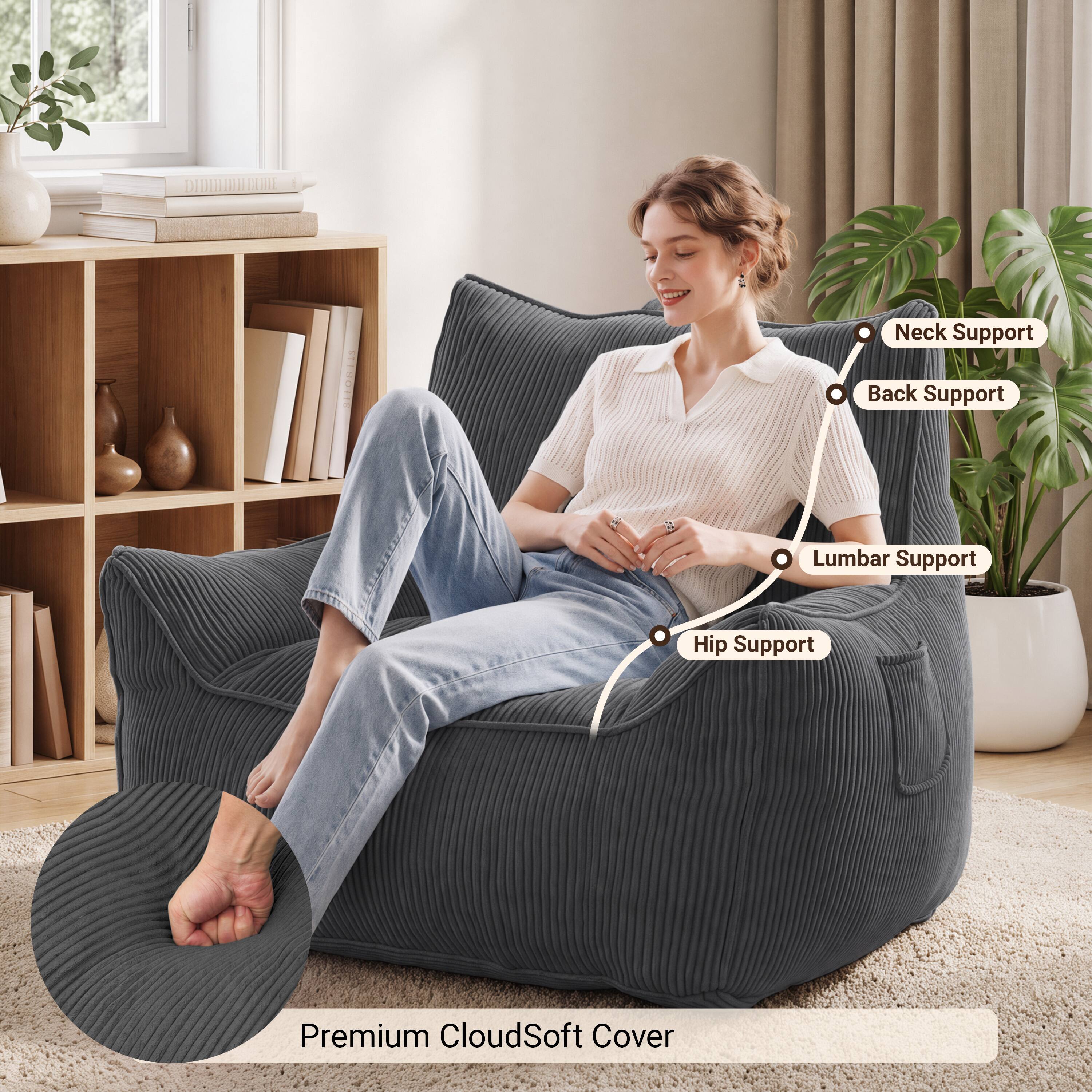 Neck Support  
Back Support  
Lumbar Support  
Hip Support  
Premium CloudSoft Cover