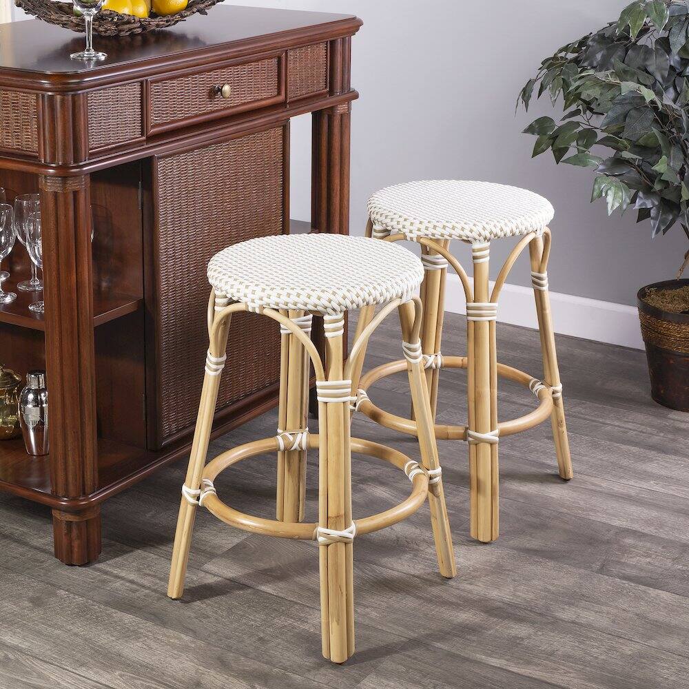 Alt View 7. Butler Specialty - Tobias Rattan Round 24" Counter Stool - White And Tan Dot.