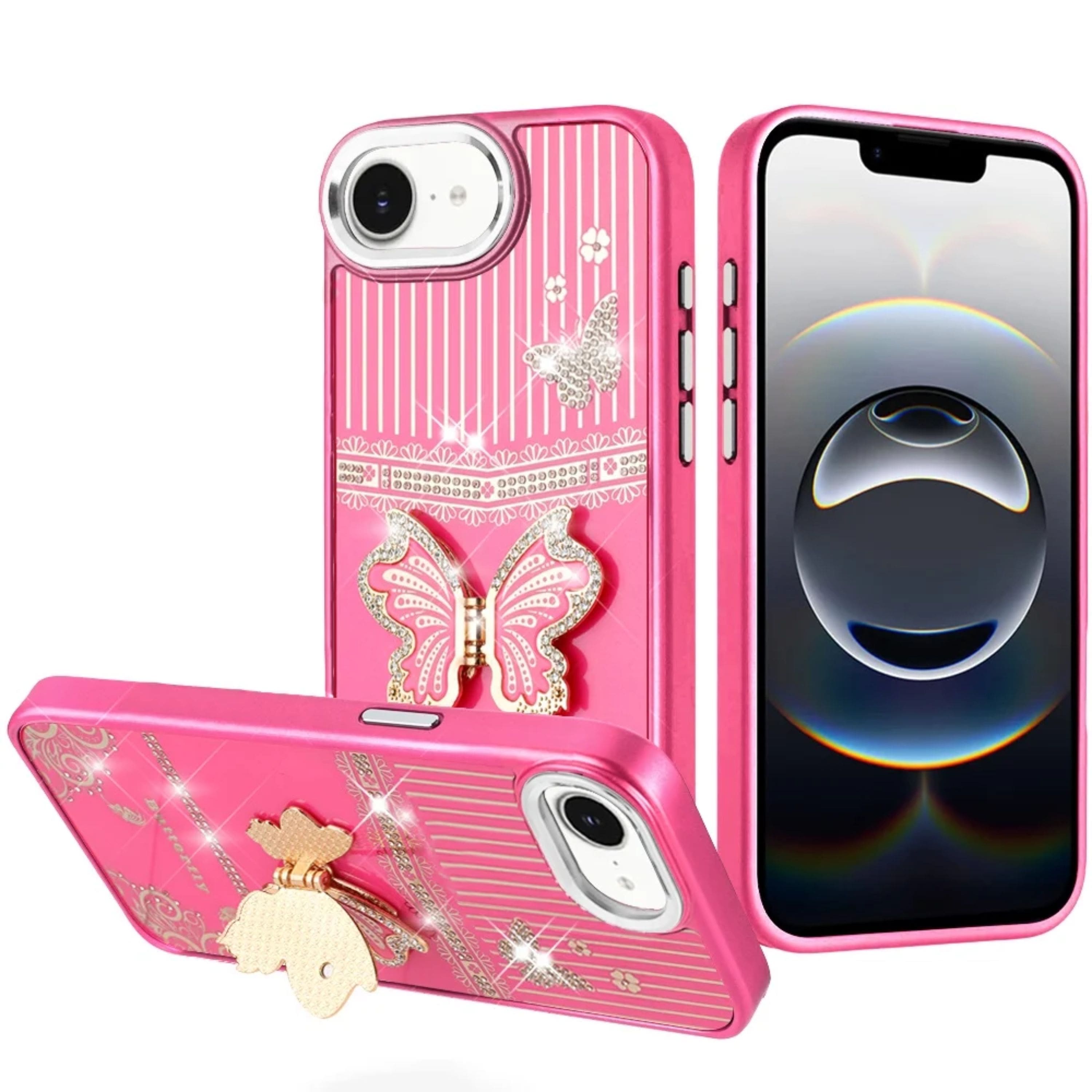 Kitcheniva - 3D Butterfly Bling Charm Stand Cover Plus Tempered Glass For iPhone 16e/17e - Hot Pink price history on PriceWatchPro