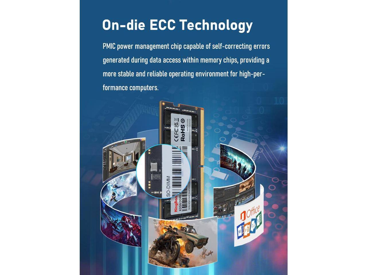 On-die ECC Technology PMIC power management chip capable of self-correcting errors generated during data access within memory chips, providing a more stable and reliable operating environment for high-performance computers. 0 0 O a 0 D e  CEFC RoHS  SO-DIMM KingBon KDSN DDRS 0000s KNME2 N/E nOffice