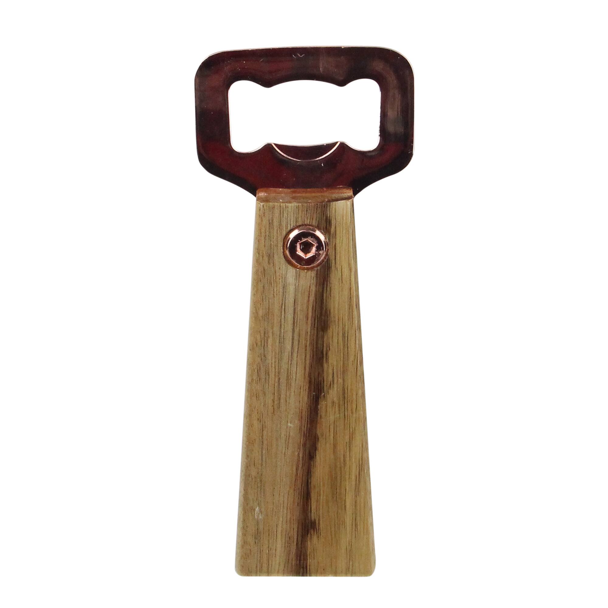Front. Wild Eye - 6" Rose Gold Bottle Opener with Acacia Wood Handle - Brown.