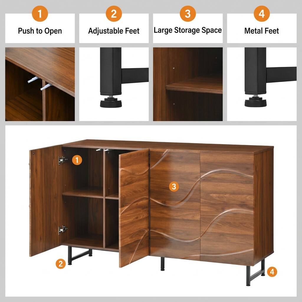 1. Push to Open  
2. Adjustable Feet  
3. Large Storage Space  
4. Metal Feet