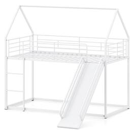 Costway - Twin Over Twin Low Bunk Bed House-shaped Metal Bunk Bed Frame with Safety Guardrail - White