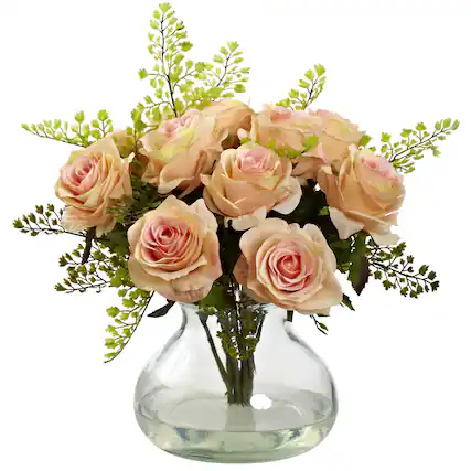 Front. BreeBe - Rose & Maiden Hair Arrangement w/Vase Peach - Peach.