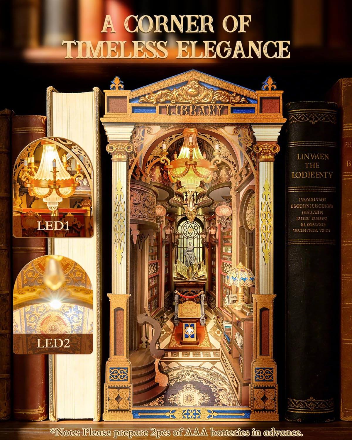 A CORNER OF TIMELESS ELEGANCE  
LIBRARY  

LED1  
LED2  

*Note: Please prepare 2pcs of AAA batteries in advance.