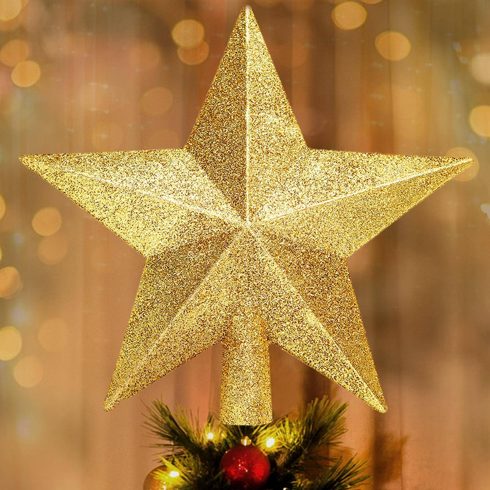 Front. Stylel Star - Glitter Christmas Star Tree Topper For Holiday Decorations Decoration Ornament And Home Decor Shatterproof Toppers - Gold-8 inches.