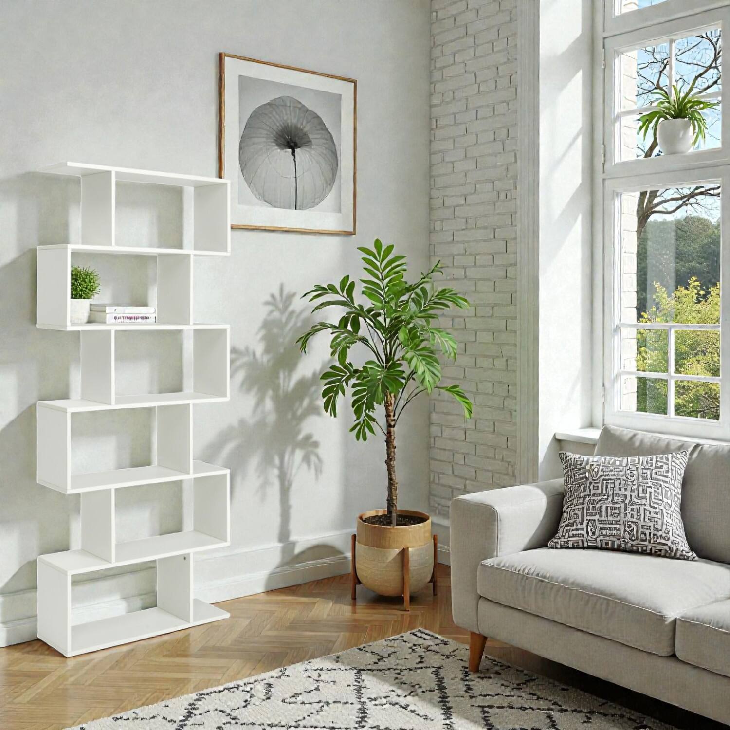 Front. Hivvago - Tall 6-Layer Zigzag Book Shelf Display Unit for Home Decor - White.