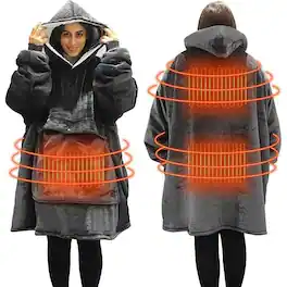 MOSZAR LLC - USB Wearable Heated Blanket Hoodie, Sherpa Flannel - Gray