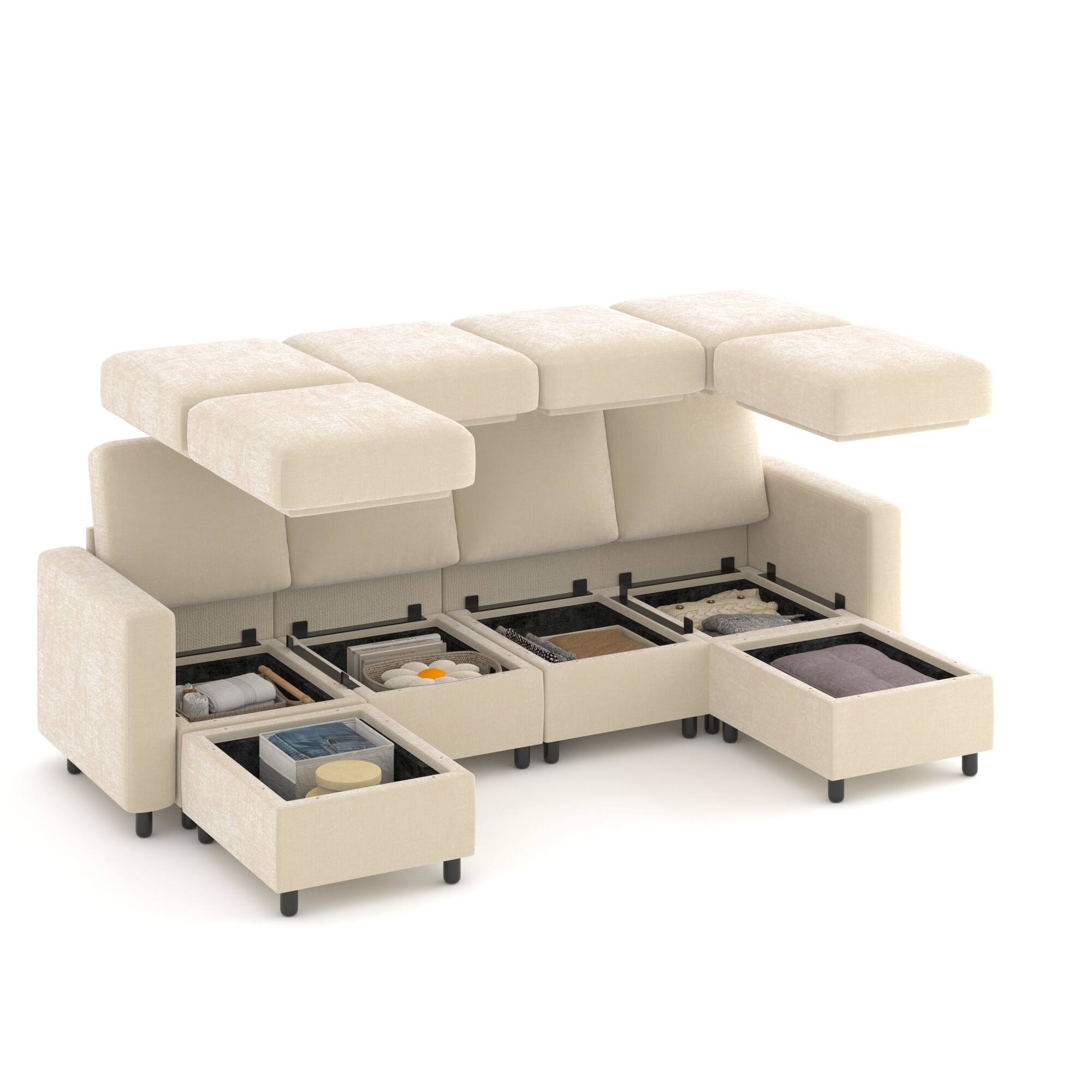 Alt View 8. U-HOMY - U-HOMY 6-Piece Modular Sectional Sofa with Storage, Reversible L-Shaped Couch - Beige.