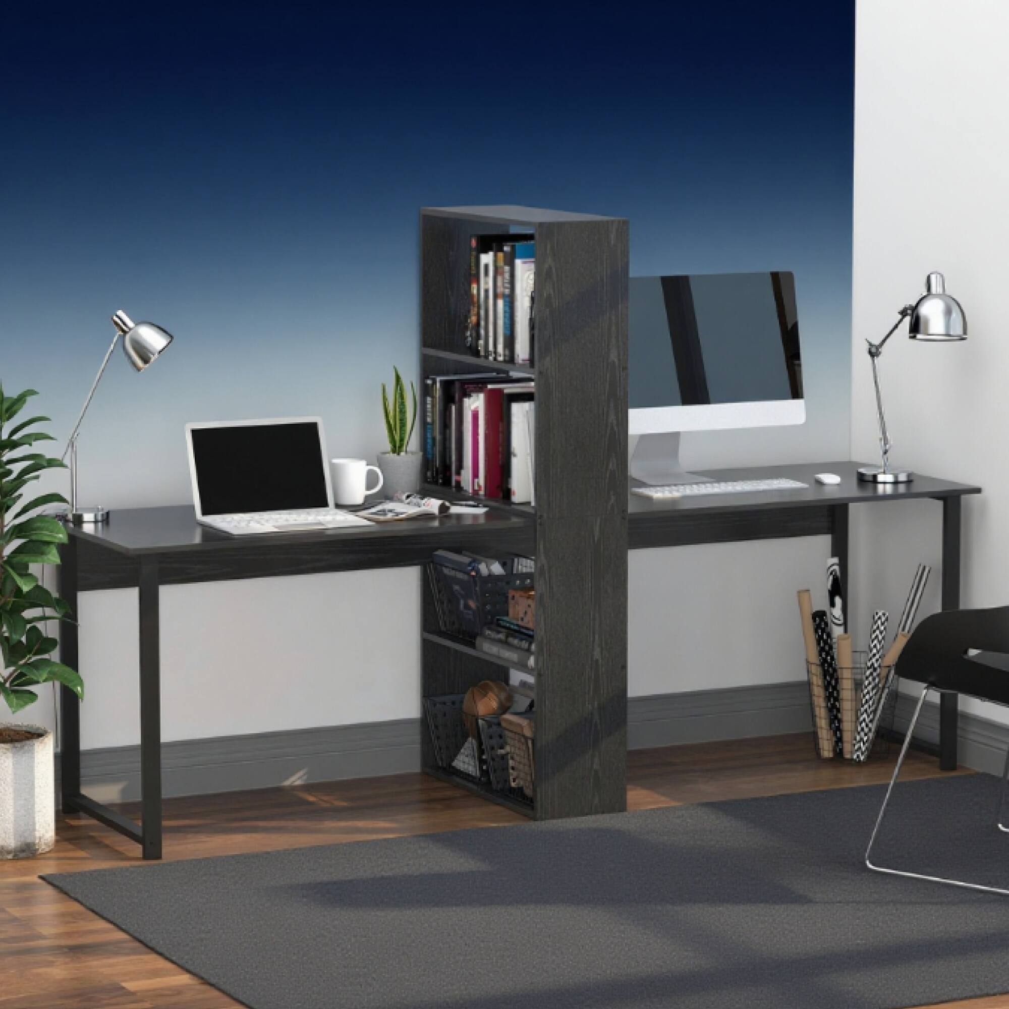 Left. GOODSILO - Extra Long Double Workstation Computer Desk with 4-Tier Storage Bookshelf for Home Office Study - Black.