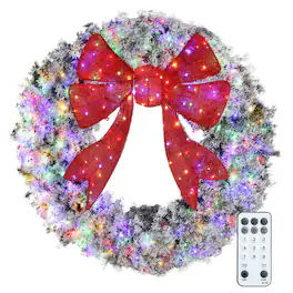 Homcom - 60in Pre-Lit Flocked Xmas Wreath, 3D Red Bow, 300 LEDs, 11 Modes, Remote, 996 Tips, Indoor Outdoor - Green