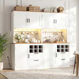 Aheaplus - 72'' Tall Pantry Cabinet with 2 Drawers & Grid Wine Rack, Storage Cabinet with Power Outlets & LED Lights, 2 Piece Set - White & Brown