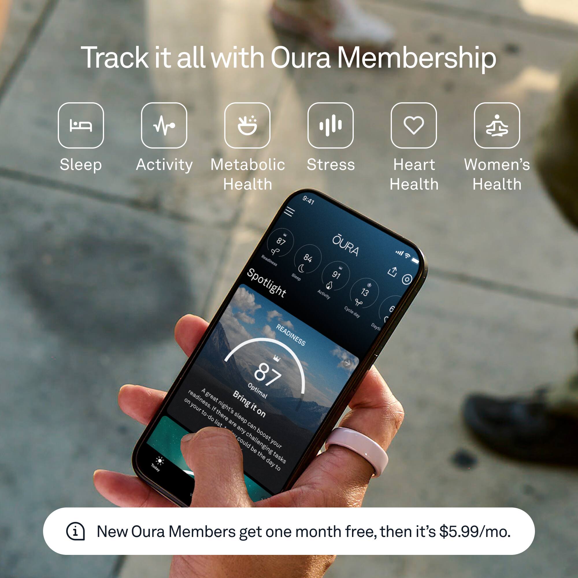 Track it all with Oura Membership
- Sleep
- Activity
- Metabolic Health
- Stress
- Heart Health
- Women's Health
Spotlight
Readiness 87
A great night's sleep can boost your readiness for the day. Bring it on!
New Oura Members get one month free, then it's $5.99/mo.