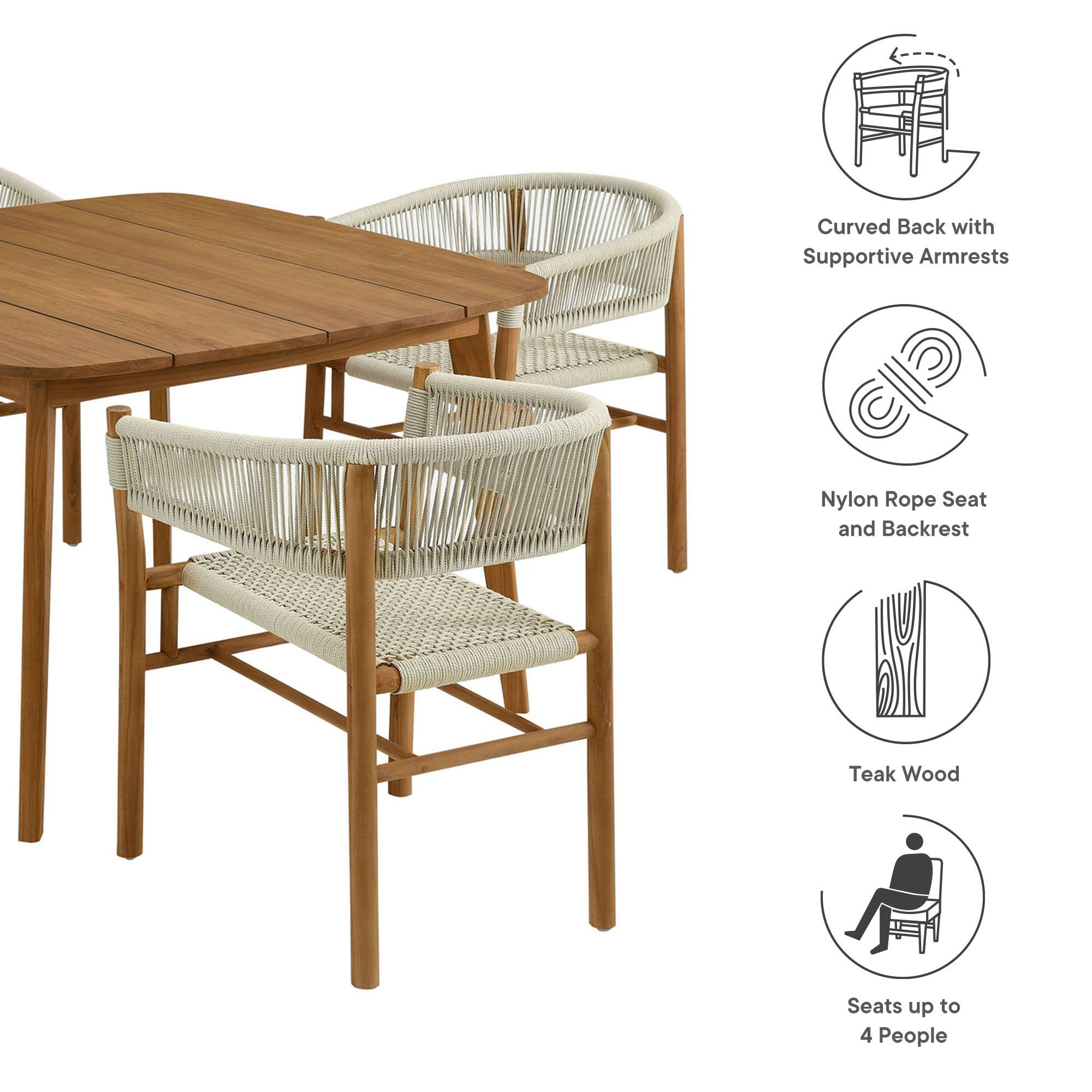 Curved Back with Supportive Armrests  
Nylon Rope Seat and Backrest  
Teak Wood  
Seats up to 4 People