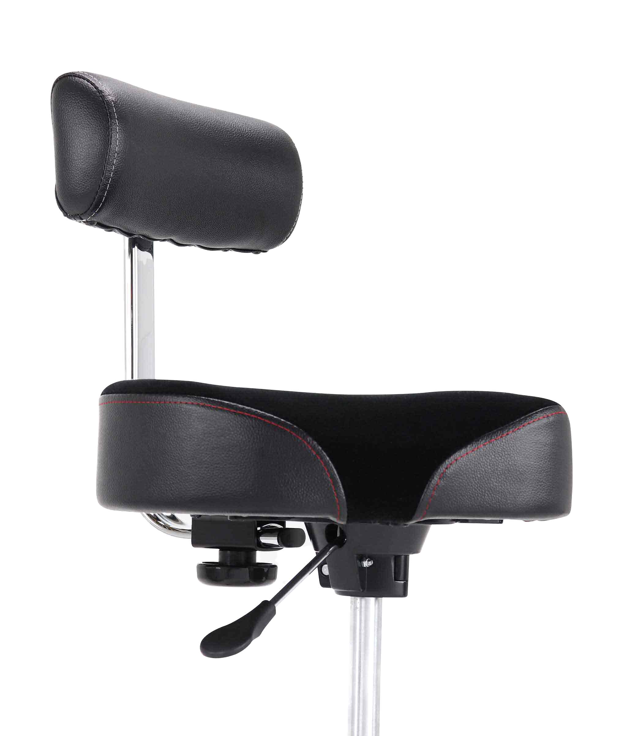 Left. Gibraltar Hardware - 9000 Series Hydraulic Saddle Drum Throne, 17" Cordura Seat, Adjustable Backrest, One-Touch Height Adjustment.