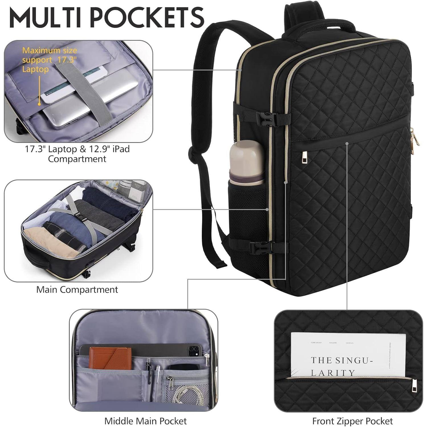 Back. Stamp n Camp - Large Travel Backpack Women  Flight Approved Carry On Water Resistant Anti theft Casual Daypack School Bag Fit 17 Inch - Beige-17.3 inch.