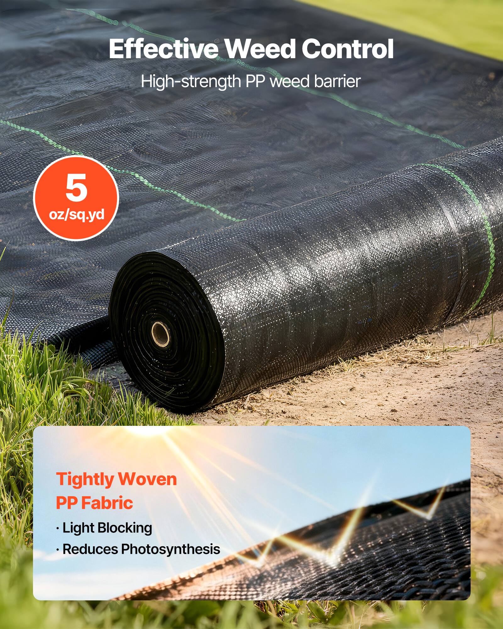 Effective Weed Control  
High-strength PP weed barrier  
5 oz/sq.yd  

Tightly Woven PP Fabric  
- Light Blocking  
- Reduces Photosynthesis