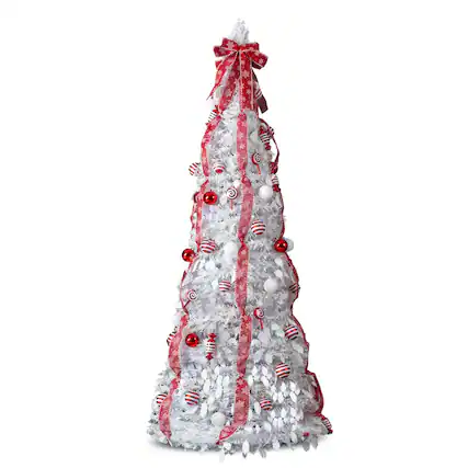 Front. VAVSEA - 6 ft Fully Decorated Pre-Lit Pop Up Christmas Tree with 100 Warm Lights & Red Ornaments for Holiday Decor, White - White.
