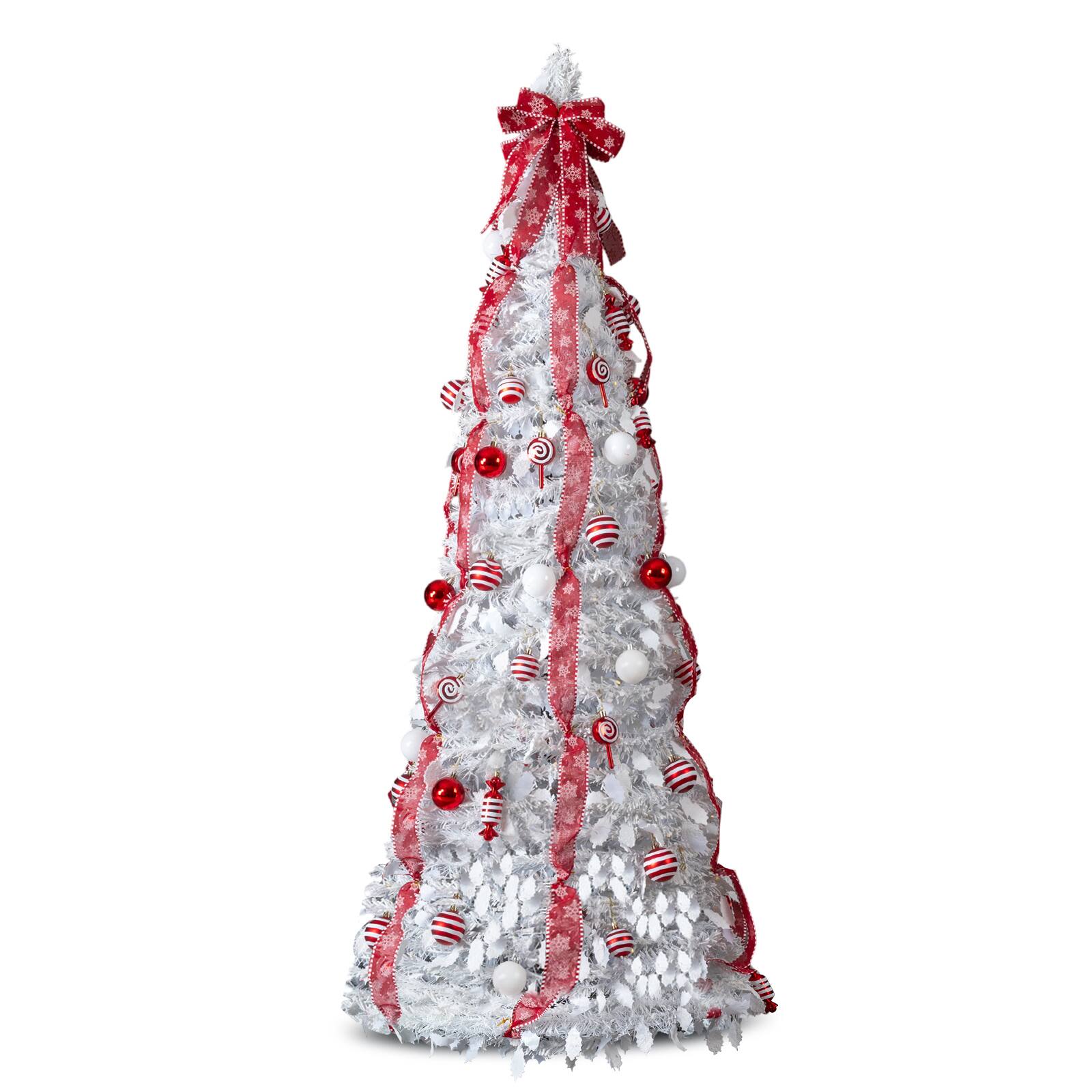 Front. VAVSEA - 6 ft Fully Decorated Pre-Lit Pop Up Christmas Tree with 100 Warm Lights & Red Ornaments for Holiday Decor, White - White.