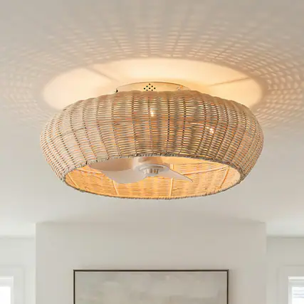 Front. Vaczon - 20" Boho Rattan Caged Ceiling Fan with Light and Remote, 6-Speed Reversible Blades, Low-Profile Flush Mount Ceiling Fan - Natural Rattan.