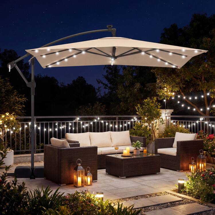 Angle. Mondawe - 8x8 FT Solar LED Offset Cantilever Square Patio Umbrella 360 Rotation with Base - Rustic Brown.