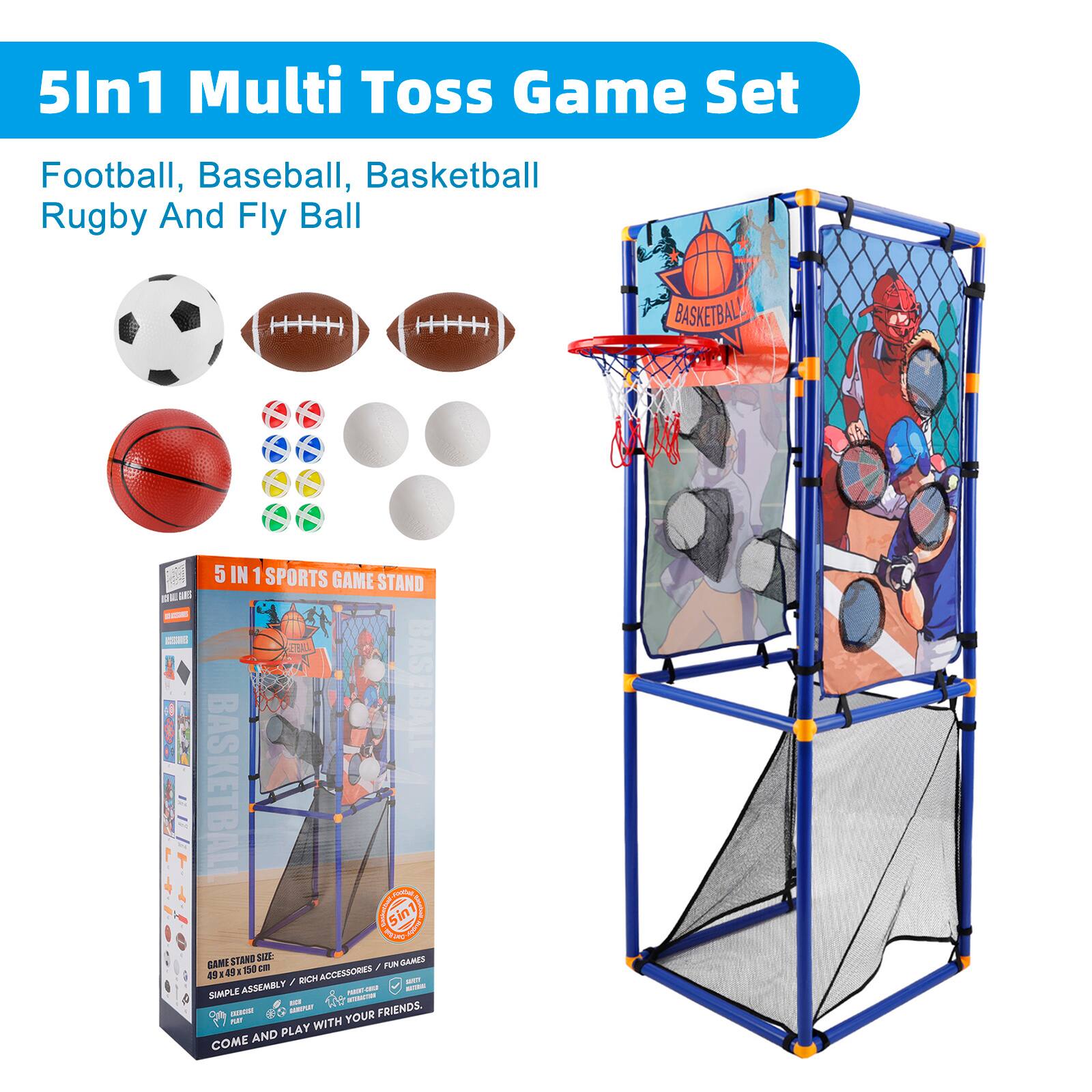 5In1 Multi Toss Game Set  
Football, Baseball, Basketball, Rugby And Fly Ball  

BASKETBALL UN 5 IN 1 SPORTS GAME STAND - E - I BASKETBALL Sint -- - STAND SaE GAMES CIMI C / ruN 3 0 491150 150 BICNACCESSORIES a3 BICH - S.4 SUMPLE ASSEMBLY - - I - LTE ae  

COME AND PLAY WITH YOUR FRIENDS.