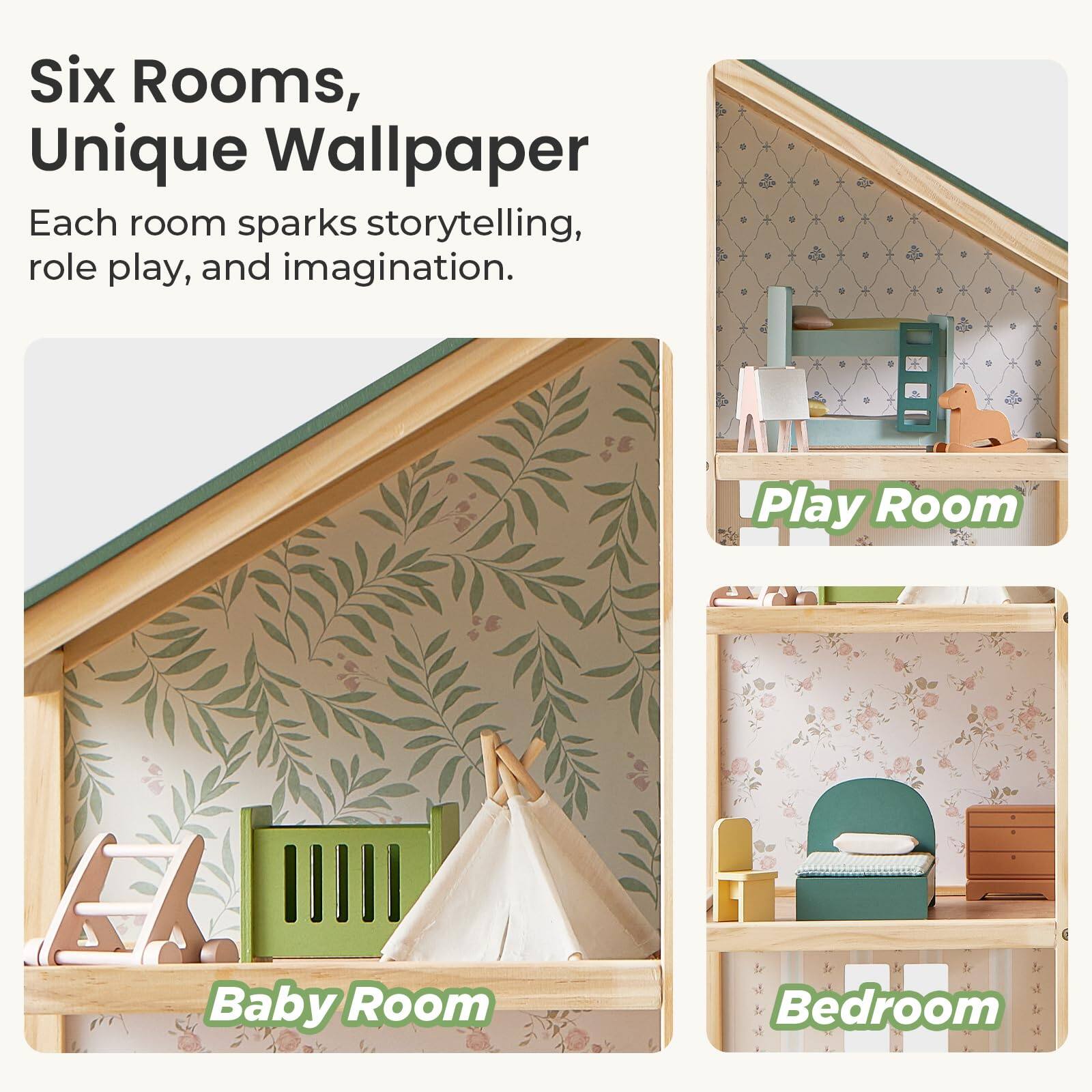 Six Rooms, Unique Wallpaper  
Each room sparks storytelling, role play, and imagination.  

Play Room  
Baby Room  
Bedroom