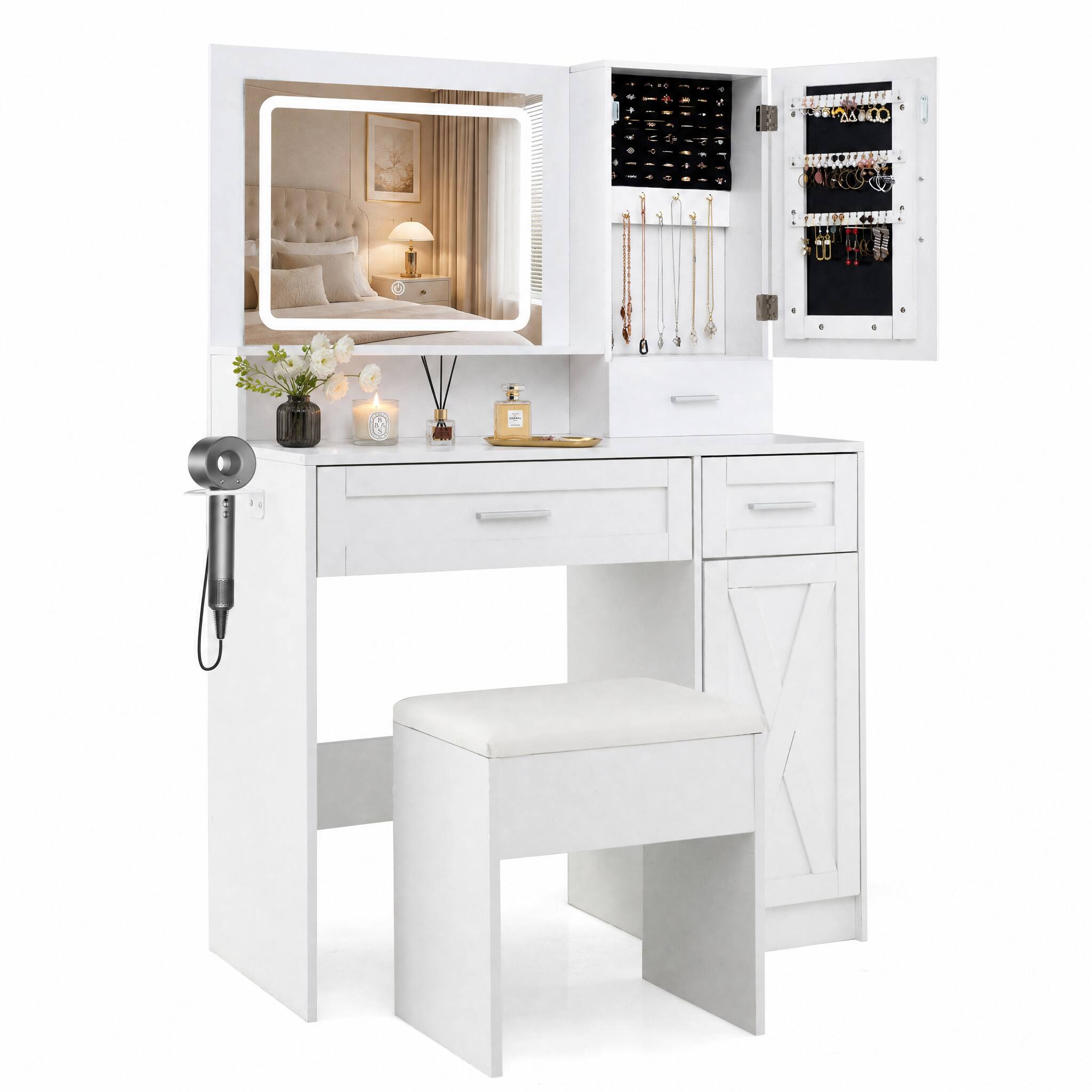 Alt View 5. WELLFOR - Modern Vanity Set with LED Light Mirror & Charging Station, Makeup Vanity Desk with Storage Stool,Jewelry Cabinet - White.