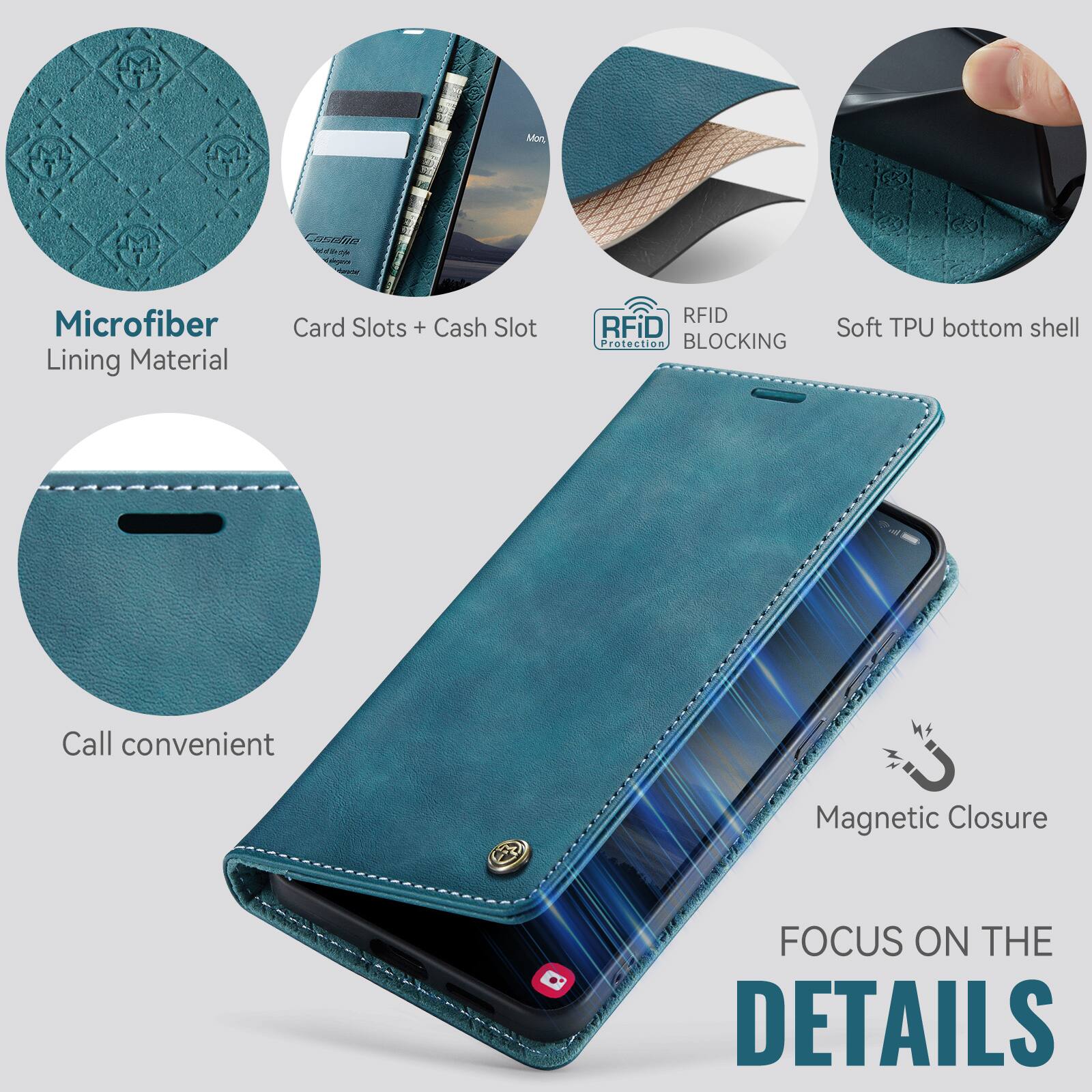 Carafile Microfiber Lining Material Card Slots + Cash Slot RFID Blocking Soft TPU Bottom Shell Call Convenient Magnetic Closure Focus on the Details