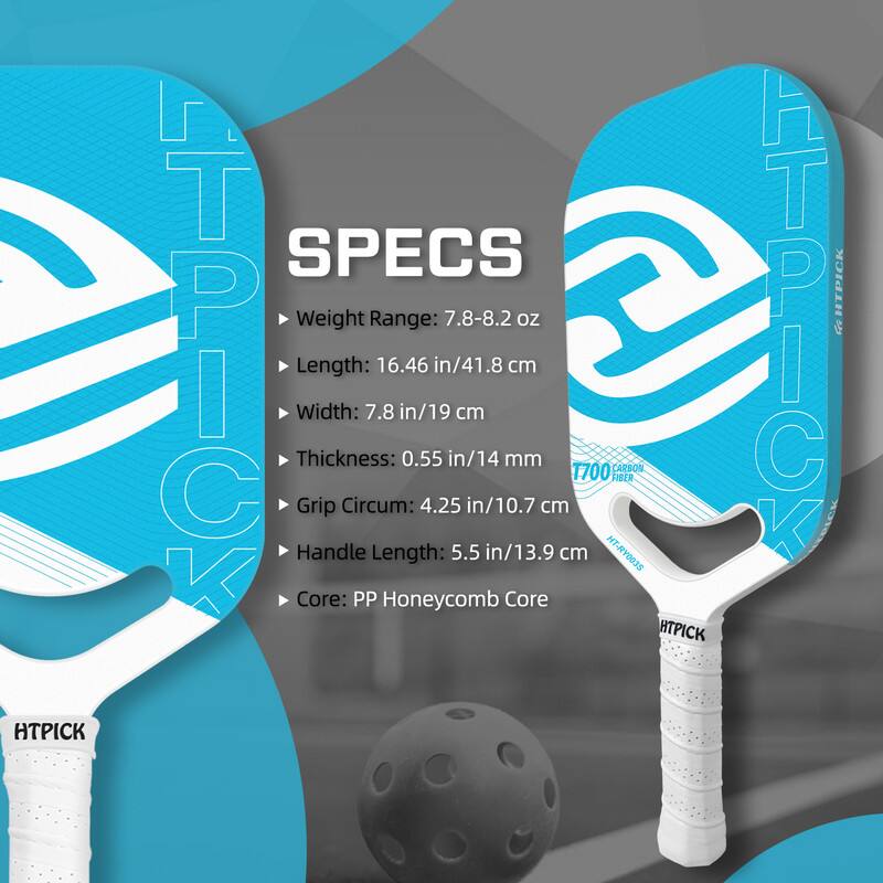 Sure, here is the corrected and grouped text:

**HTPICK SPECS**

- **Weight Range:** 7.8-8.2 oz
- **Length:** 16.46 in/41.8 cm
- **Width:** 7.8 in/19 cm
- **Thickness:** 0.55 in/14 mm
- **Grip Circumference:** 4.25 in/10.7 cm
- **Handle Length:** 5.5 in/13.9 cm
- **Core:** PP Honeycomb Core

**HTPICK**

**HT-RY003S LIBER ARBOS**

**1700 CARBON FIBER**